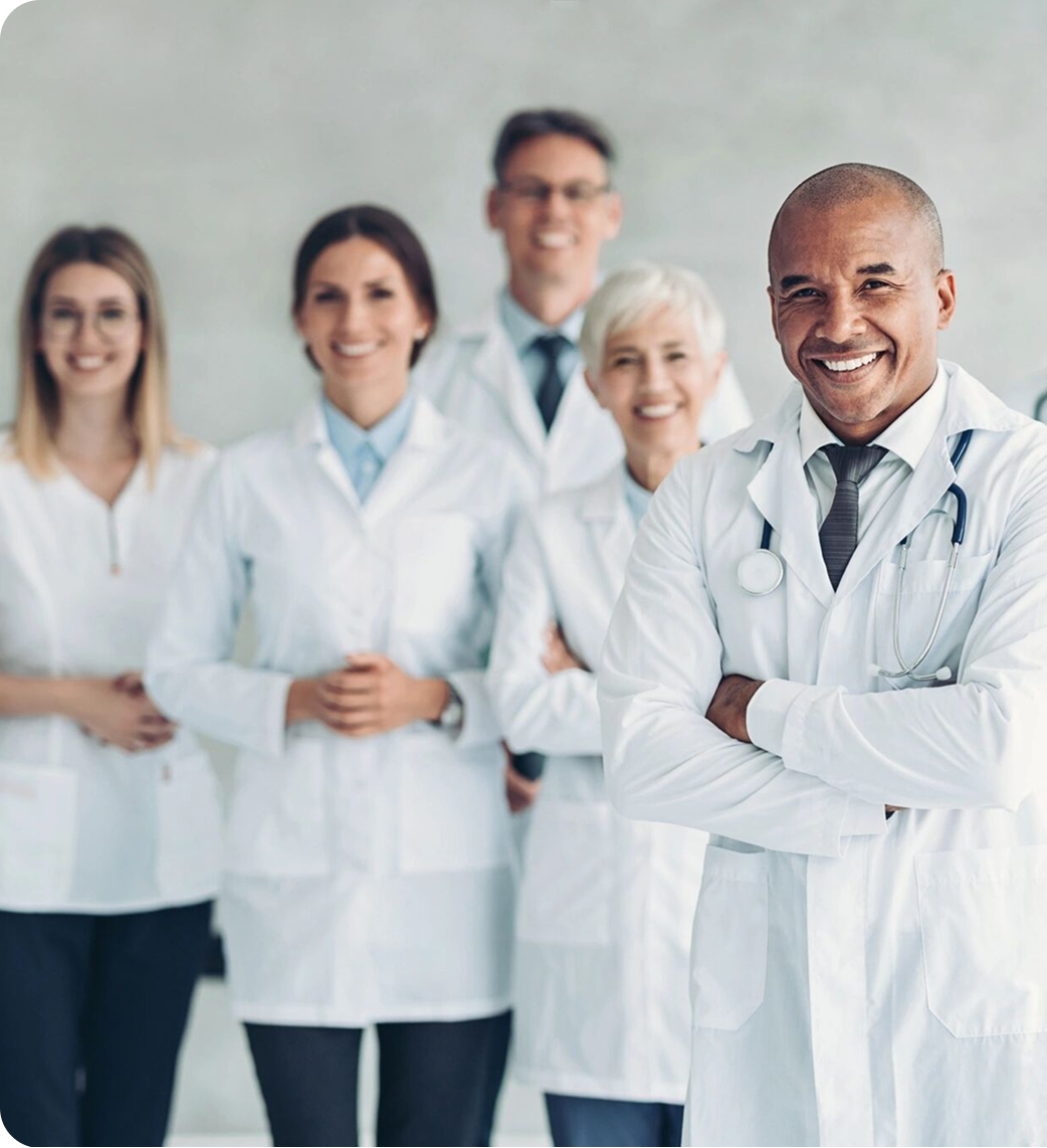 Diverse doctors in lab coats