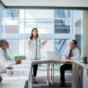 A woman presenting information to colleagues in a modern office meeting.