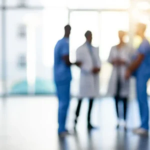 Blurred image of medical professionals in discussion in a hospital corridor.